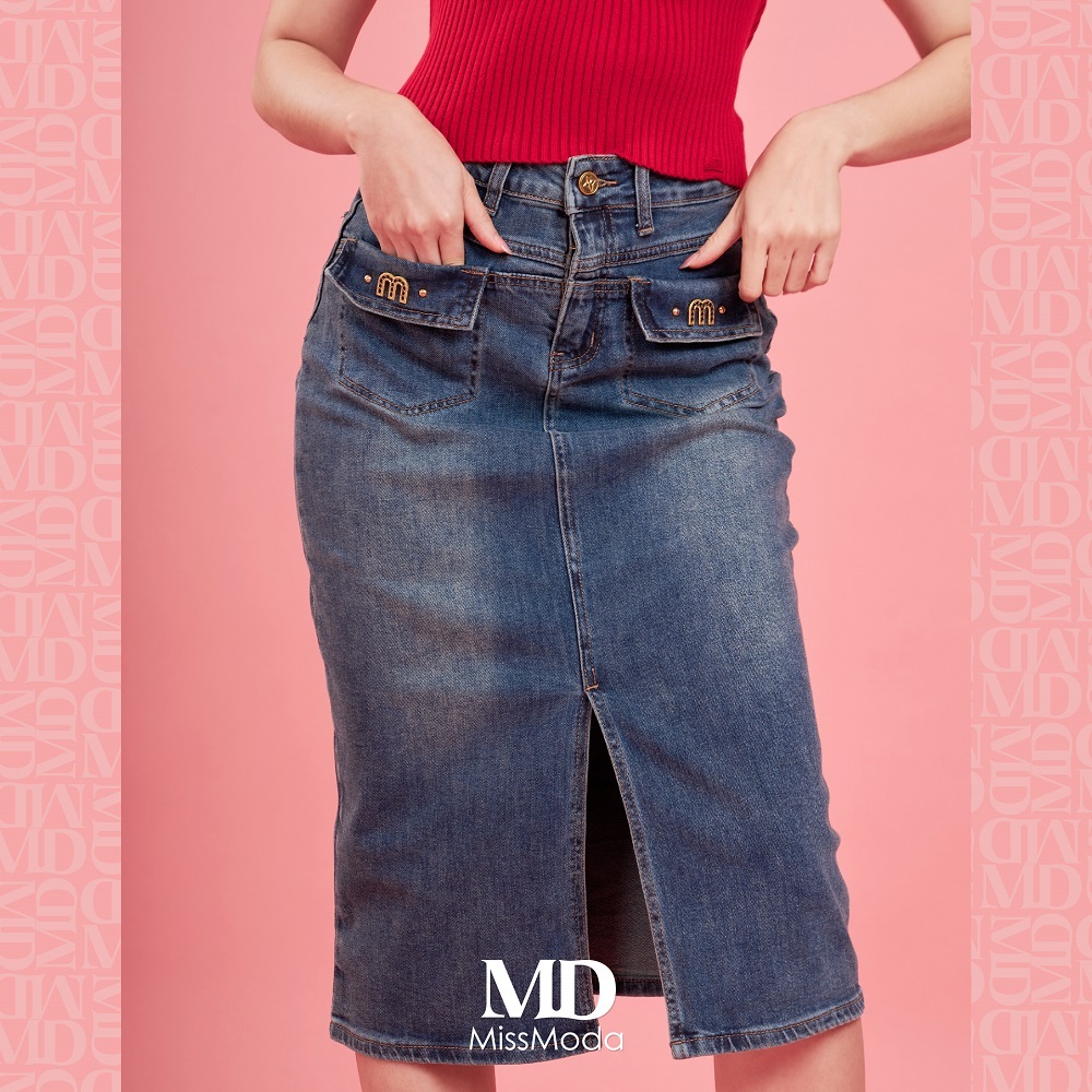 Missmoda รุ่น MC-241BJ035-BL กระโปรงยีนส์แบบยาวดีไซน์แหวกข้างหน้ากระเป๋าแต่งlogo สียีนส์ ราคา ถูกที่สุด ดีลบีเคเค แกลเลอรีภาพที่ 4