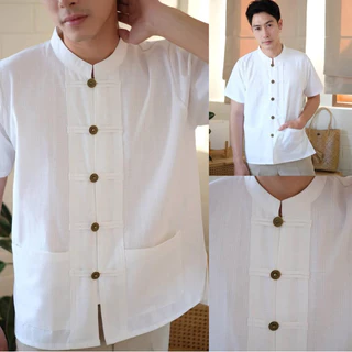เสื้อคอจีนผู้ชาย ผ้าฝ้ายชินมัย รุ่นกระดุมเหรียญ สีพื้น