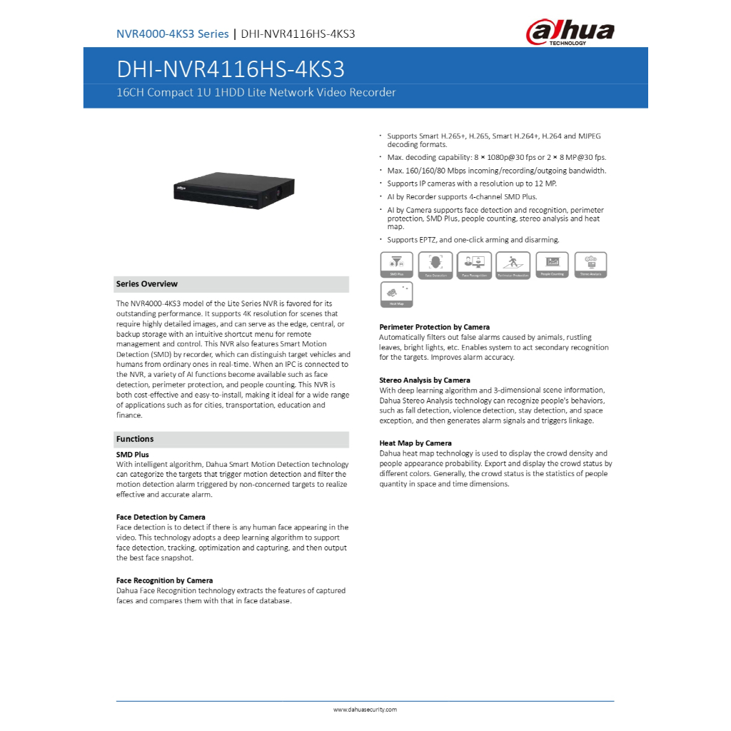 Dahua เครื่องบันทึกกล้องวงจรปิด 16CH Compact 1U 1HDD Lite Network Video Recorder รุ่น NVR4116HS-4KS3