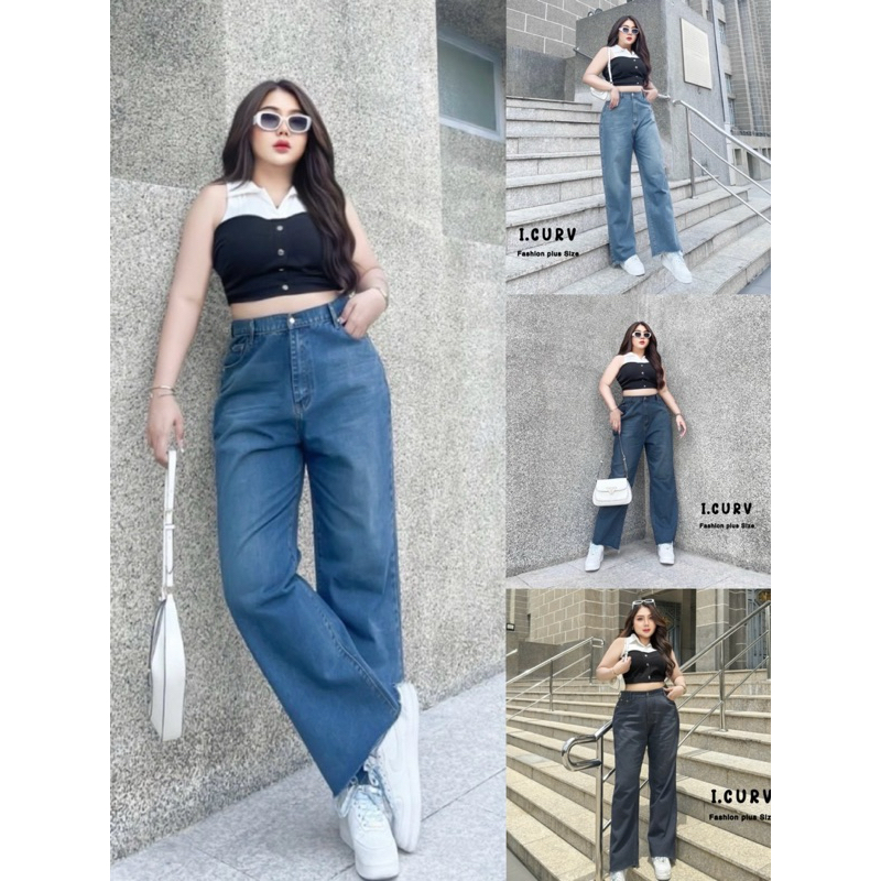 I.CURV JEANS กางเกงยีนส์สาวอวบ ขากระบอกเอวสูง ผ้าไม่ยืด ดีเทลปลายขาปล่อย ใส่แล้วดูสูง งานสวยมากก