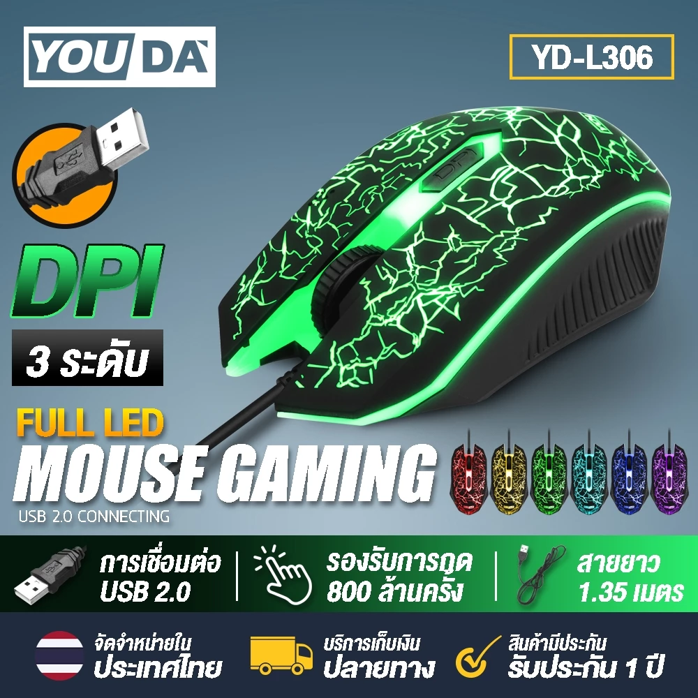 เมาส์เกมมิ่ง LED รุ่น YD-L306 แบบมีสาย USB