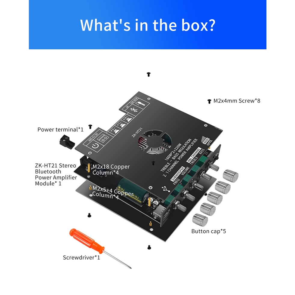 ZK-HT21 แอมป์บลูทูธ แอมป์จิ๋ว เครื่องขยายเสียง Aux Bluetooth5.0 สเตอริโอเครื่องขยายเสียงบอร์ด 2.1ช่อง 160W * 2 + 220W