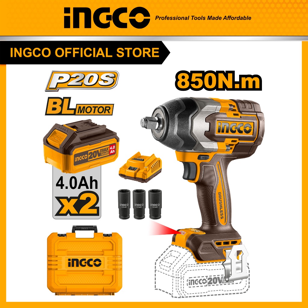 INGCO ชุดบล็อกกระแทกแบตเตอรี่ไร้สาย 20v 850Nm รวมแบตและที่ชาร์จ CIWLI2085
