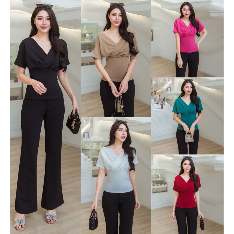 [ลด 20% กรอกโค้ด INC694OD] 161 เสื้อคอวีแขนล้ำป้ายหน้า (ผ้ายืด Original REEYA)