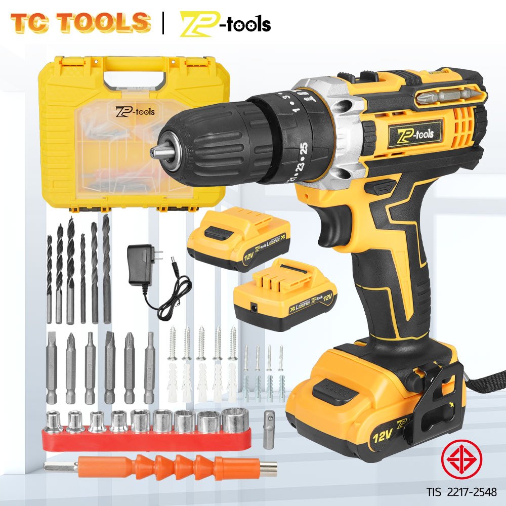 TP TOOLS สว่านไร้สาย สว่าน 3 ระบบ มีระบบกระแทก สว่านกระแทก ไร้สาย สว่านแบต พร้อมแบตเตอรี่ สายชาร์จ