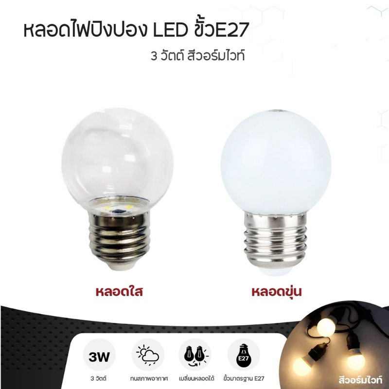 หลอดไฟ LED ขนาดเล็ก 3วัตต์ ขั้ว E27 สีวอร์มไวท์ หลอดใส/ขุ่น