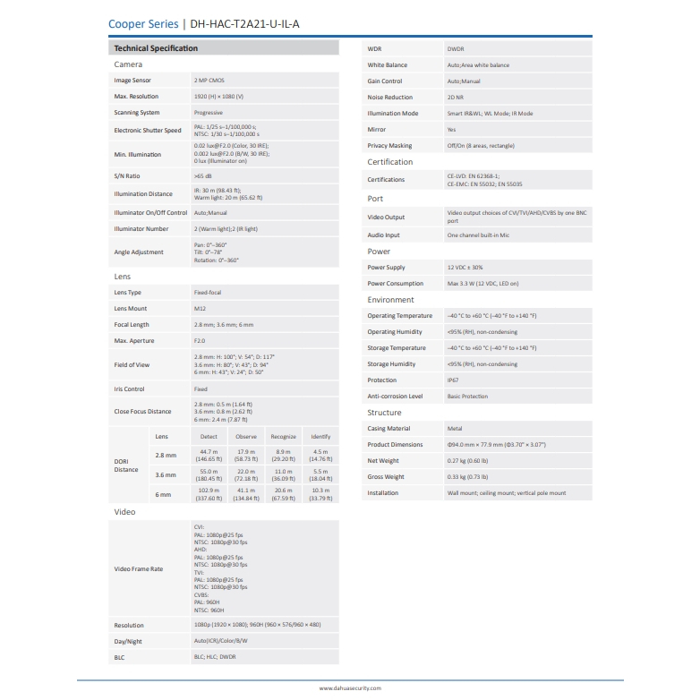 Dahua กล้องวงจรปิด 2MP มีไมค์ในตัว กลางคืน 2 ระบบ รุ่น HAC-T2A21-U-IL-A - แบบเลือกซื้อ