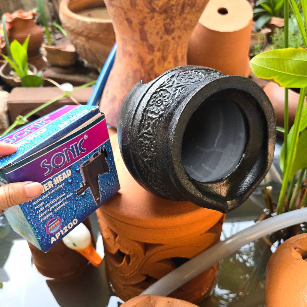 น้ำรินดินเผา สีดำ ทรงเหยือกน้ำ +ปั้ม AP1200 ปรับฮวงจุ้ย ตกแต่งสวน บ้าน พร้อมส่ง