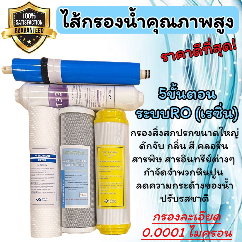 ชุดไส้กรองน้ำ ระบบ RO 5ขั้นตอน คุณภาพสูง ไส้กรองน้ำ RO อาร์โอ ถูกที่สุด! ได้ทั้งเซ็ตไปเลย5ชิ้น เมมเบรน (50GPD)