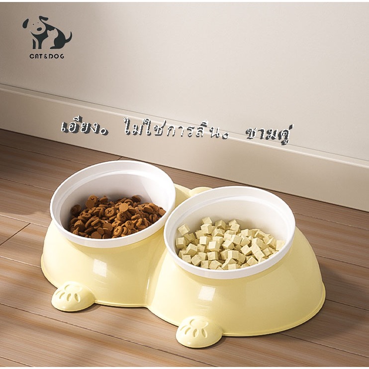 【CAT&DOG】ชามอาหารสัตว์เลี้ยง ชามอาหารสัตว์เลี้ยงแบบชามคู่ ชามแมว ชามสุนัข สามารถกินอาหารและน้ำได้ในเวลาเดียวกัน เป็นชามเ