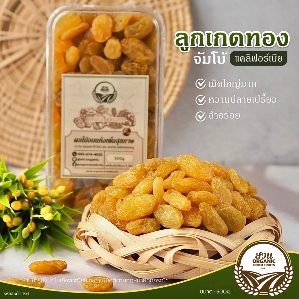 ลูกเกดทองจัมโบ้ แคลิฟอร์เนีย คัดคุณภาพ 500g [สวนOrganic]