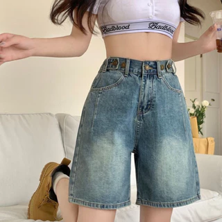 กางเกงยีนส์ขากระบอก สามส่วน SIZE S-14XL เอวสม็อคปรับกระดุม