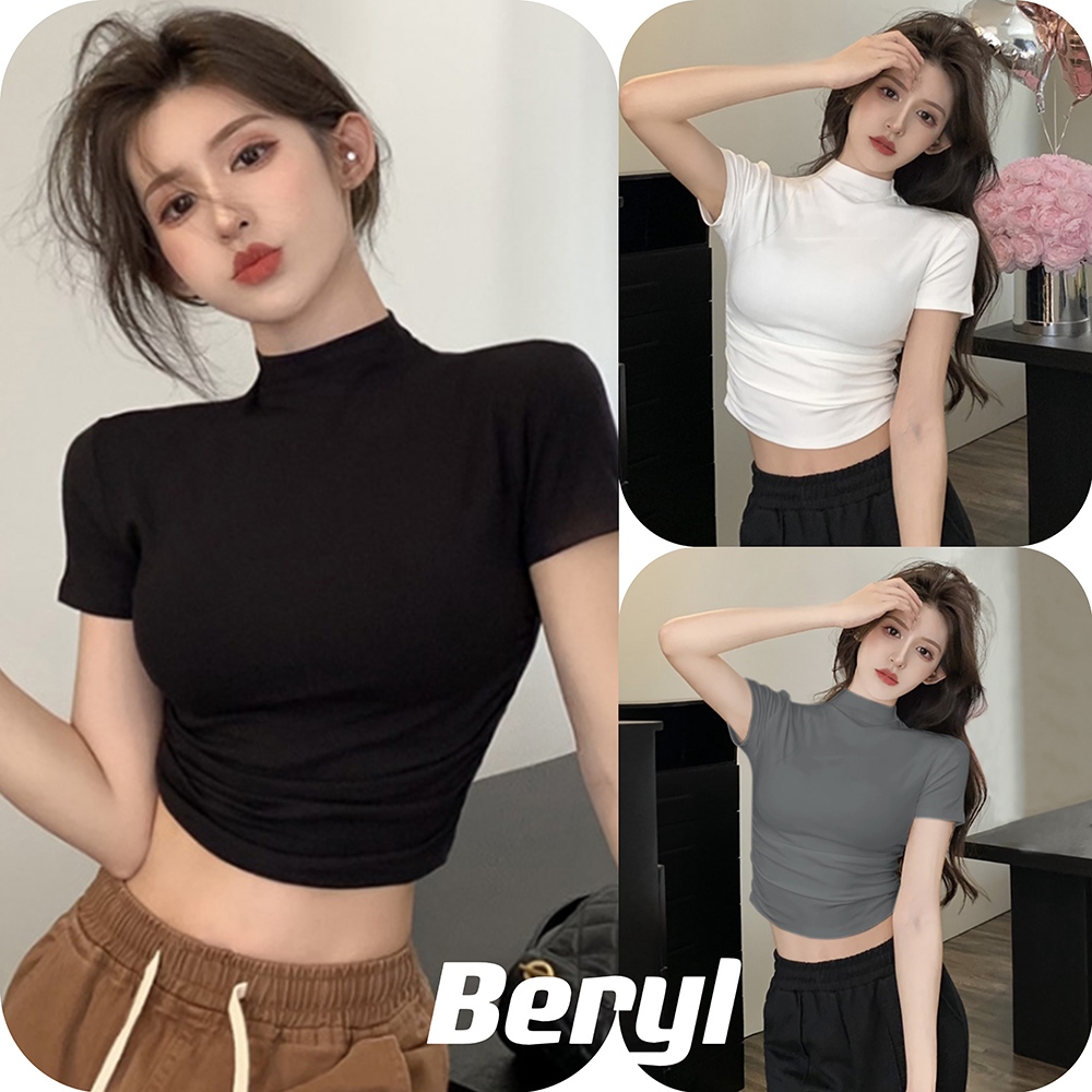 Beryl🌻เสื้อยืดแขนสั้นผู้หญิงคอเต่าสีดำครึ่งตัว ทรงเข้ารูปสไตล์เซ็กซี่