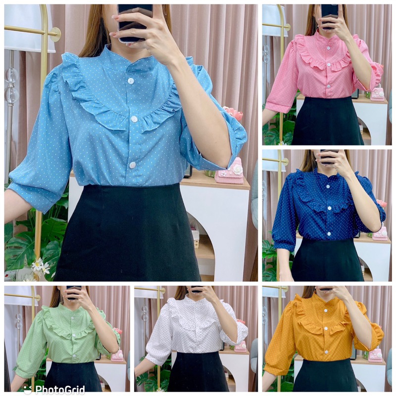 เสื้อลายจุดเล็กคอจีนลายระบายเเขนสามส่วน ผ้านิ่มใส่สบายไม่ร้อนไม่คัน อก42ยาว23