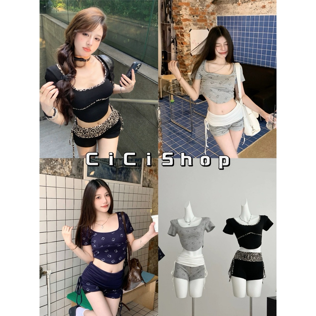 Cicishop (93195) Set 2 ชิ้น เสื้อครอป คอเหลี่ยมทรงสวย + กางเกงขาสั้น แต่งเอวย่นผูกเชือกข้าง ใส่แล้วตัวจิ๋วน่ารักปนแซ่บ