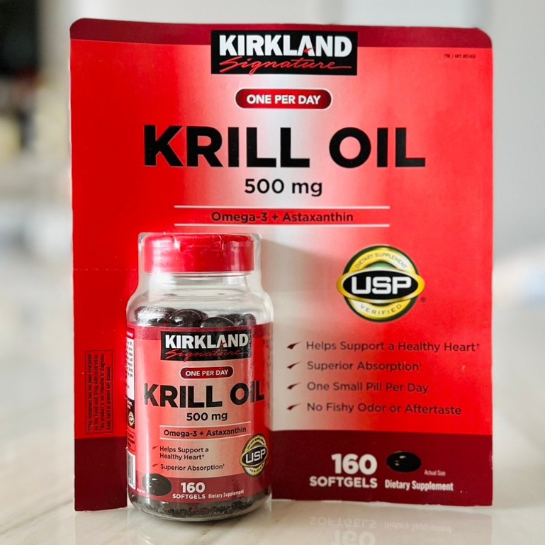 Exp 04/26KIRKLAND KRILL OIL 500mg Omega3 + Astaxanthin 160 Softgels  ช่วยบำรุงสุขภาพของหัวใจ