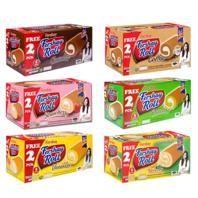 เฟอร์เชย์ เค้กโรลสอดไส้ครีม รส ใบเตย กาแฟ วานิลลา ชอคโกแลต ผลิตใหม่ กล่องใหญ่ 240 กรัม บรรจุ 14 ชิ้น