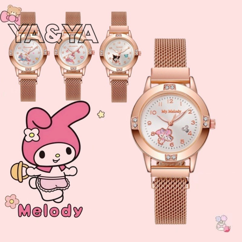 นาฬิกาข้อมือควอตซ์ Sanrio สีโรสโกลด์ ประดับเพชร แฟชั่นสําหรับสตรี และนักเรียนมัธยมปลาย