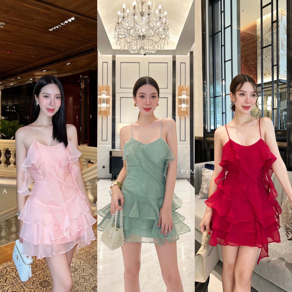พร้อมส่ง Pimala62 เดรสสายเดี่ยว สายปรับระดับ ใส่ดินเนอร์ปาร์ตี้ออกงาน สีแดง สีเขียว สีชมพู