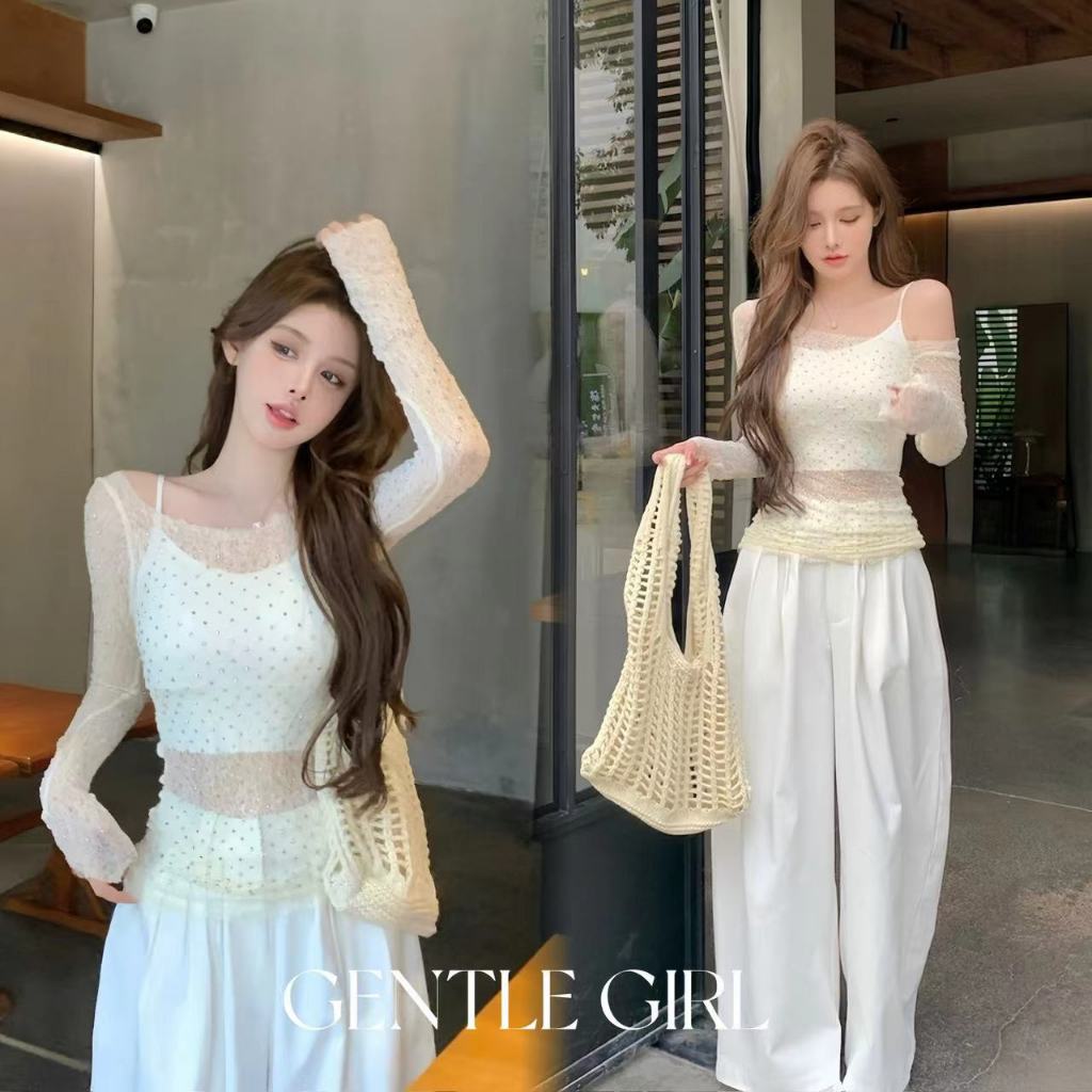 #GG จัดส่งที่รวดเร็ว สไตล์ความใคร่บริสุทธิ์ เสื้อลูกไม้ซีทรูประดับเพชรงานหนัก เสื้อยืดแขนยาวดีไซน์หวานๆ