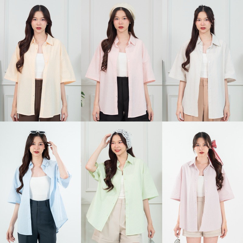 901Shirt-01 เสื้อเชิ้ตแขนสั้น ลายริ้ว ผ้าเบาใส่สบาย