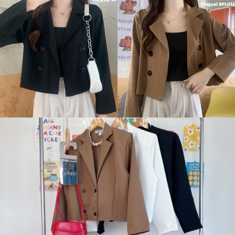 Korea blazer 🇰🇷 เสื้อสูทแขนยาวทรงครอป แต่งกระดุมดำ สูททำงาน ไซส์ใหญ่YY