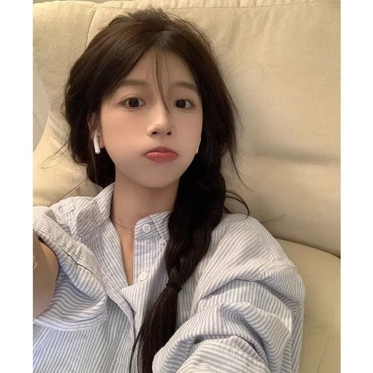 CTB2041 เสื้อแขนยาวแฟชั่นผู้หญิง คอปกโปโล เชิ้ตลายทางสีฟ้า กันแดด หลวม สไตล์เกาหลี ฟรีไซส์ อก42 ส่เท