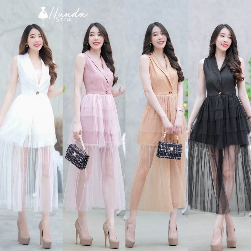 เดรสสูทแขนกุดแต่งกระดุมหน้า