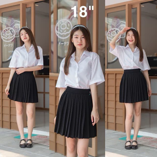 กระโปรงพลีท นักศึกษา เอวฟรีไซต์-XL จีบเล็ก จีบใหญ่ จีบทวิว ผ้าหางกระรอกสีดำ