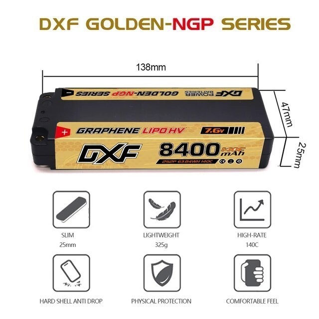 DXF 6600mah / 8000mah / 8400mah/120C 7.4V(2S) 8400mah/ 9200mah 7.6V XT60 แบต ลิโพ รถ เรือ เครื่องบิน