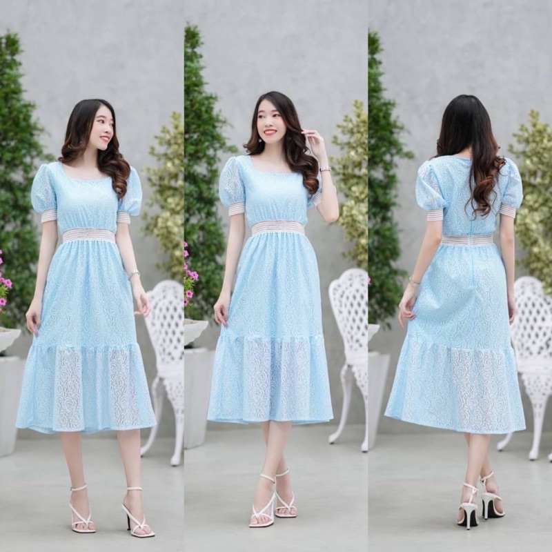 เดรสลูกไม้ สีฟ้า สีขาว งานสวย ตามแบบ ใส่ไปงานบุญ งานบวช ชุดสุภาพ น่ารักมาก