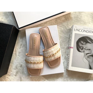 🎀RinyaShoes🎀รองเท้าแตะแบบสวมผ้าทวิตแต่งโซ่ทอง สวยหรูมากค่ะ(มีไซด์36-45)สินค้าพร้อมส่ง