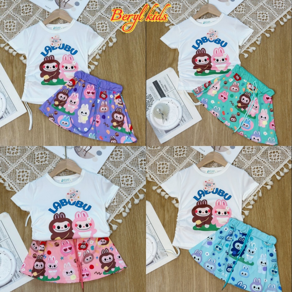 Beryl kids ชุดแฟชั่นเด็กหญิง ชุดกระโปรงแขนสั้นลายการ์ตูนน่ารัก 2ชิ้น สีสดใส ผ้านิ่ม สไตล์เกาหลี ฤดูร้อน