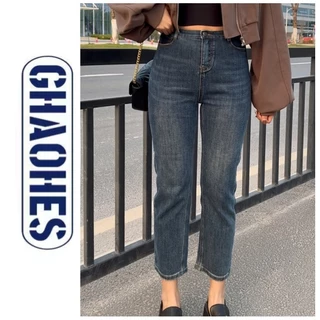 GHAOHES กางเกงยีนส์สาวอวบ ผ้ายีนส์ S-5XL เอวสูง กระบอกตรง ทรงบอย กางเกงยีนส์ผู้หญิง วินเทจv51