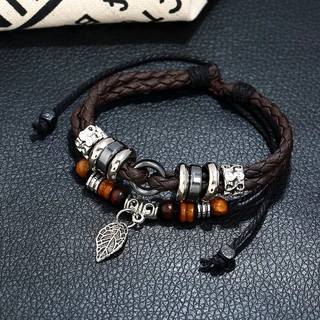 สร้อยข้อมือ กำไล ข้อมือ หนัง Multi-Layer Woven Leaf Pendant Men's Leather Bracelet Cross-Border