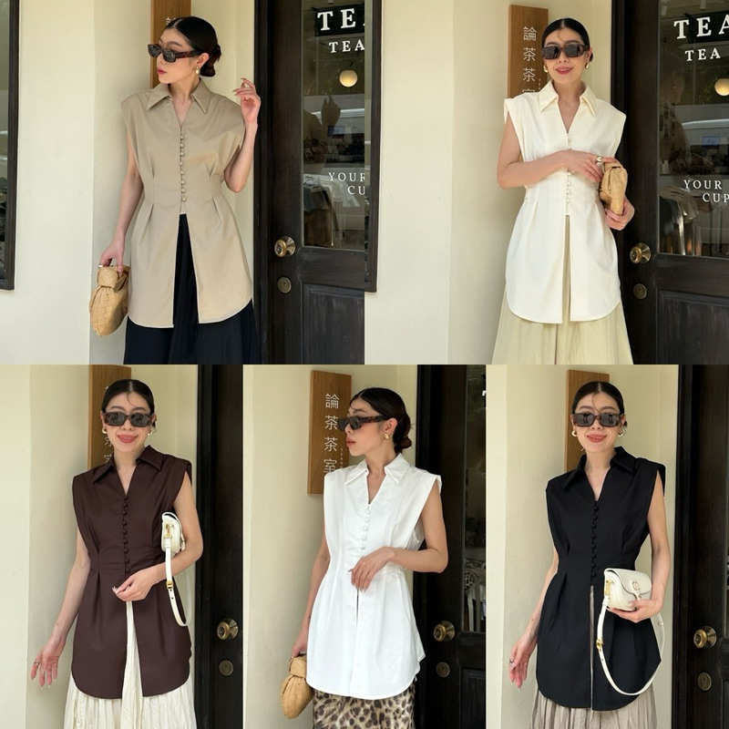 SLEEVELESS OVERSIZE SHIRT DRESS #1002 x2 เดรสเชิ้ตทรงโอเวอร์ไซส์ เสื้อแขนกุด กระดุมหน้า ออกงาน
