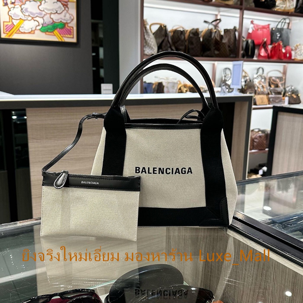 ยิงจริงใหม่เอี่ยม Balenciaga Cabas xs 390346 กระเป๋าสะพายข้างผ้าใบสีดำและสีขาว NAVYกระเป๋าถือ กระเป๋