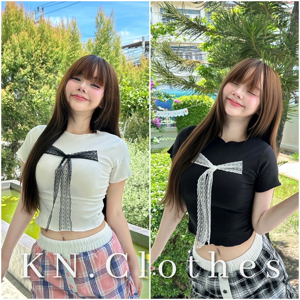 KN.Clothes เสื้อครอปแขนสั้น แต่งโบว์หน้า ผ้ายืดใส่สบาย Nusa.Style