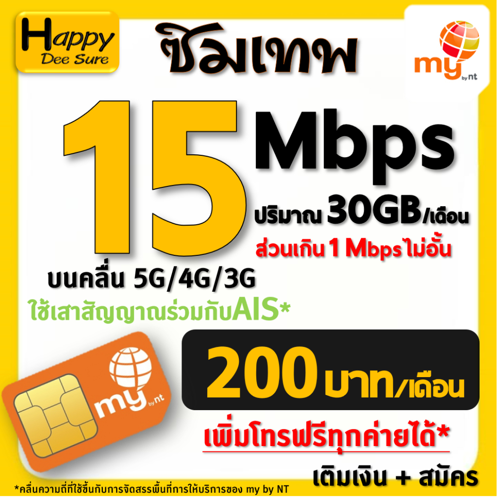ซิมเทพ ซิมมาย my ค่าย NT  30Mbps 20Mbps 4Mbps ส่วนเกินเน็ตไม่อั้น ต่อได้นาน 12เดือน สมัครเอง มีตัวเล