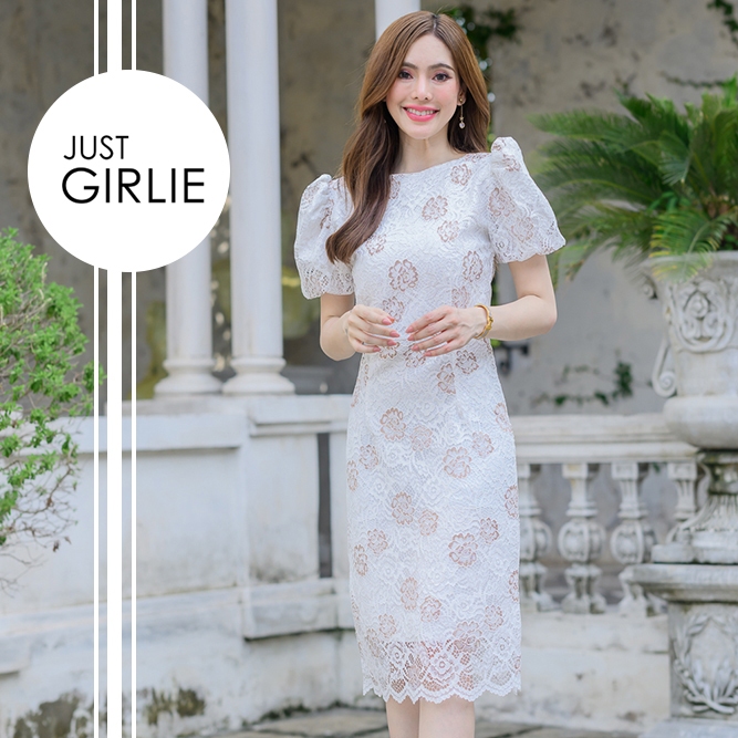 Dress Julianna295 ชุดเดรสลูกไม้ ดีไซน์แขนบอลลูน สวยเริ่ดหรู ใส่ออกงาน ชุดสวยราคาถูก ติดซับใน พร้อมส่ง มีไซส์ S M L XL