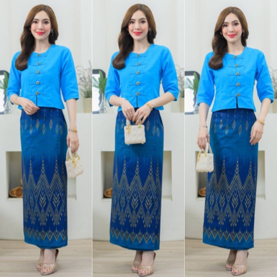 LANNA-ชุดเซท เสื้อผ้าไทย+ผ้าถุง สีฟ้าใส่วันแม่ ใส่ทำบุญ ใส่ออกงาน ใส่งานแต่ง สวยมากค่ะ