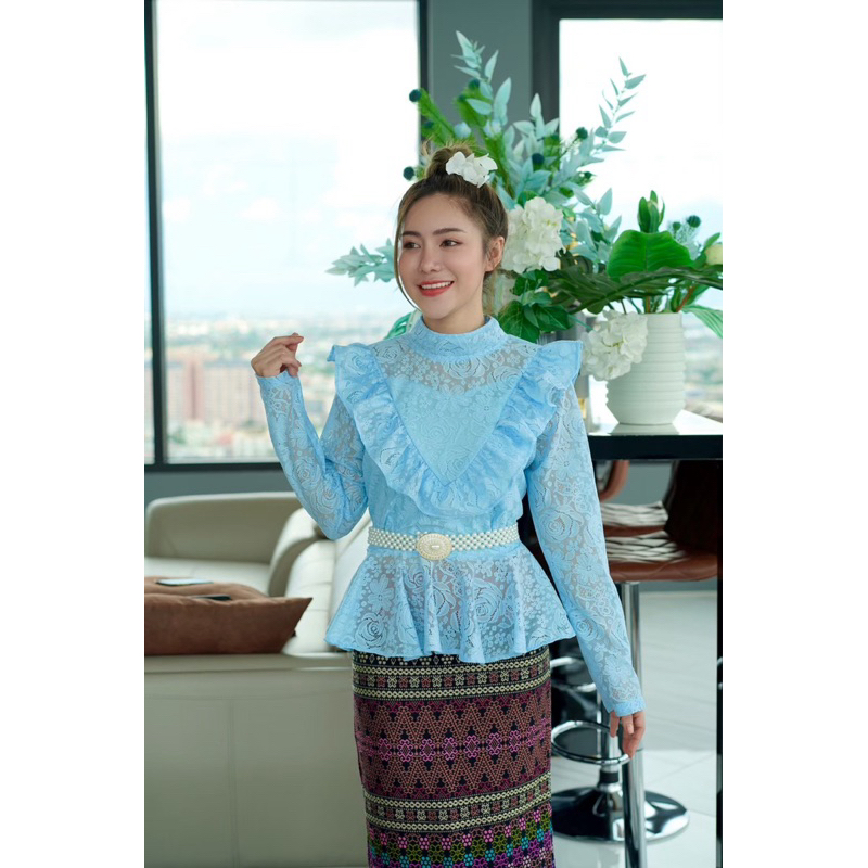 #เสื้อลูกไม้สีฟ้าS M
