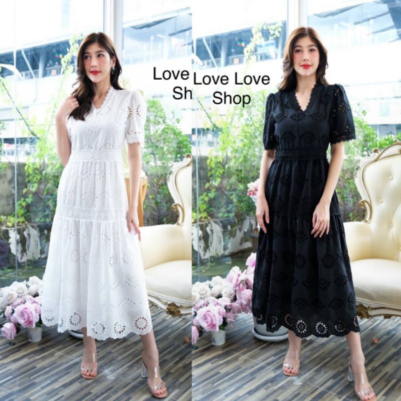 M-4XL Maxi Dress เดรสดำ,เดรสสีขาวแขนสั้นผ้าฉลุลาย งานป้าย Love love