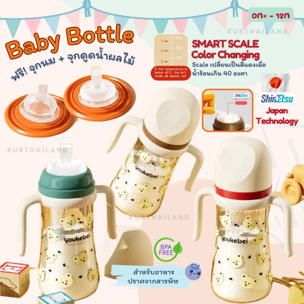 🍼 Japan Quality ขวดนม 10 ออนซ์ (300มล) มือจับ พร้อมจุกนมซิลิโคนลดอาการโคลิค แถมจุกดูดผลไม้ ขวดนมเด็กมีที่จับ anti colic