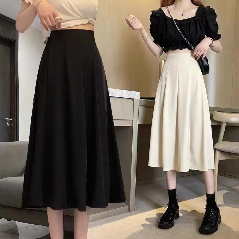 กระโปรงยาวผู้หญิง กระโปรงใส่ทำงานสุภาพ กระโปรงทรงเอยาวพลิ้ว เอวยางยืด แมทช์ง่า สไตล์คนเรียบร้อย สีขาวครีม