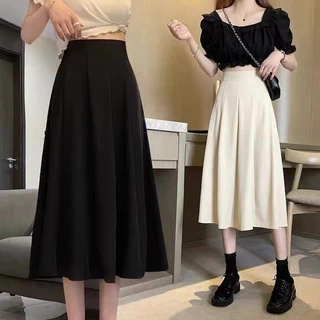 กระโปรงยาวผู้หญิง กระโปรงใส่ทำงานสุภาพ กระโปรงทรงเอยาวพลิ้ว เอวยางยืด แมทช์ง่า สไตล์คนเรียบร้อย สีขาวครีม