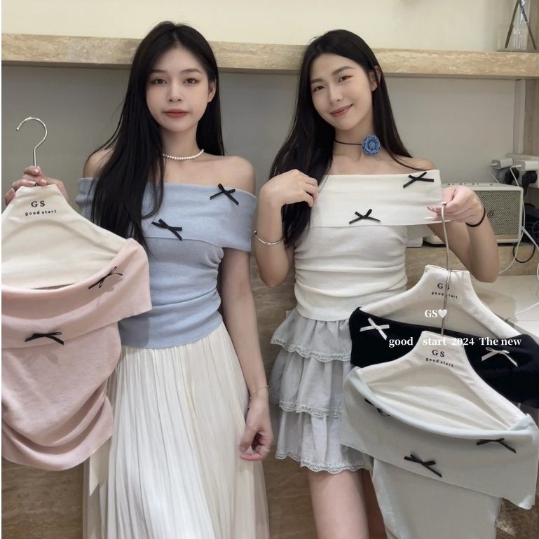 เสื้อยืดผู้หญิง 2024 โบว์ สดปิดไหล่ สีทึบ รูปแบบใหม่ แขนสั้น ทุกโอกาส
