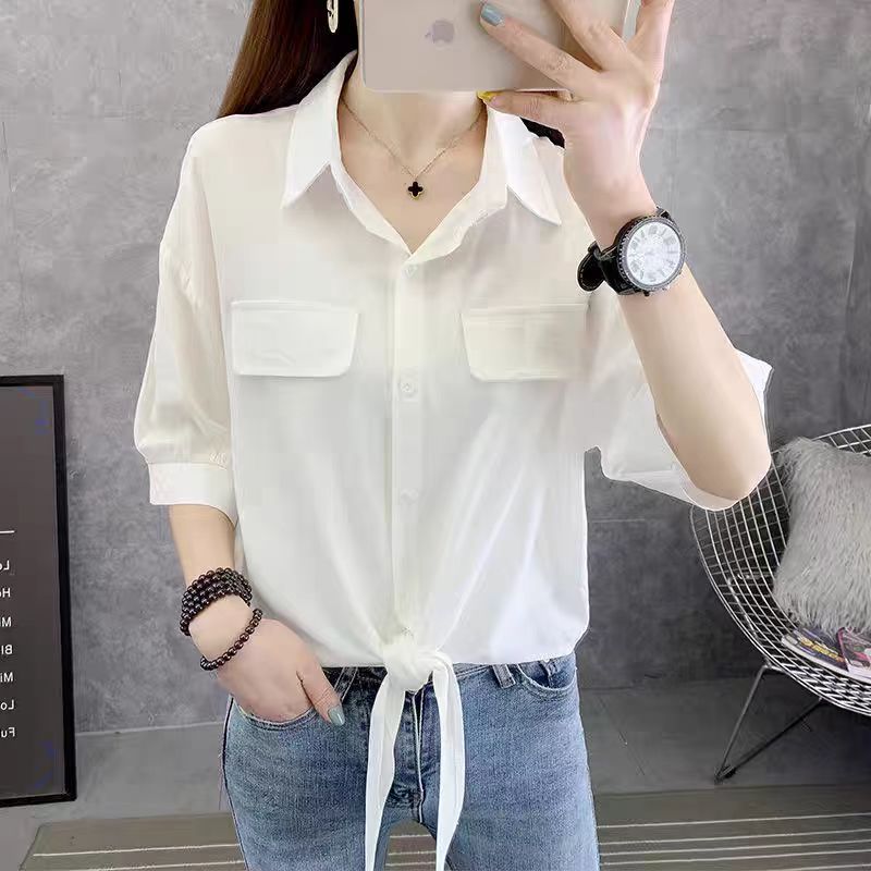 เสื้อแขนสั้นผู้หญิง เสื้อผ้าแฟชั่น เสื้อเชิ้ตผู้หญิงคอปกสีพื้น ทรงน่ารักมาก ทรงหลวม
