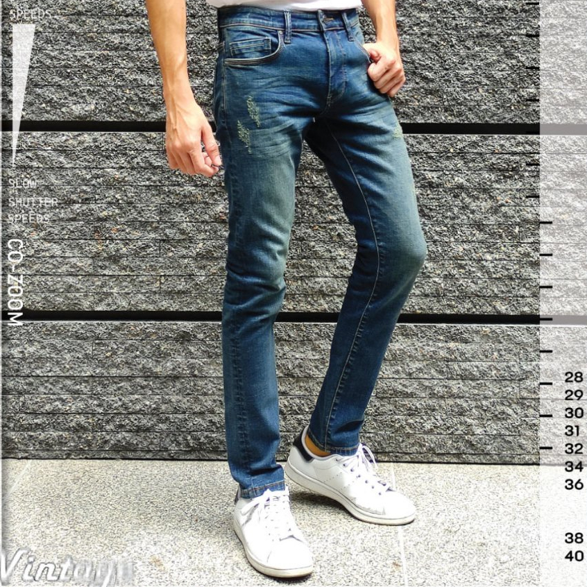 F4-388/DB กางเกงยีนส์ยืด ทรงเดฟสกินนี่ สีสนิมรัสตี้บลู แต่งสะกิด Clothing Man Jeans ผู้ชาย