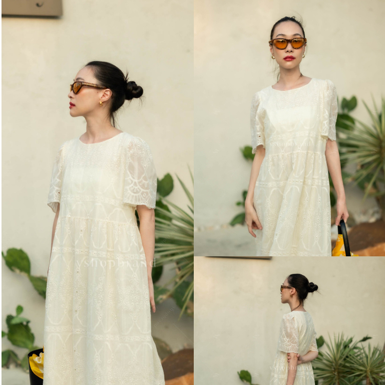 พร้อมส่ง เดรสยาวแขนสั้นลายโรมัน งานป้าย vshopbrand